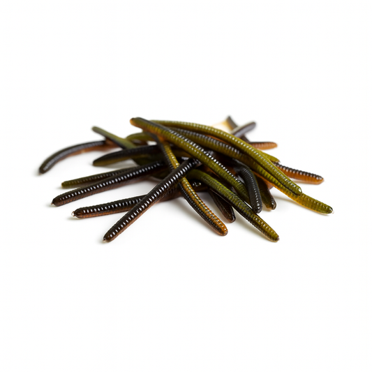 Stack of green and brown fishing lures on a white background