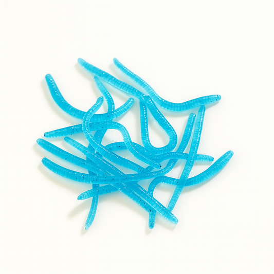 Blue fishing lures on a white background
