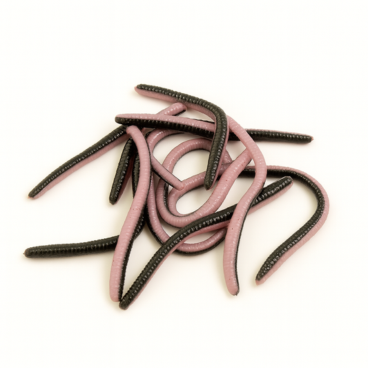 Pink and black fishing lures on a white background