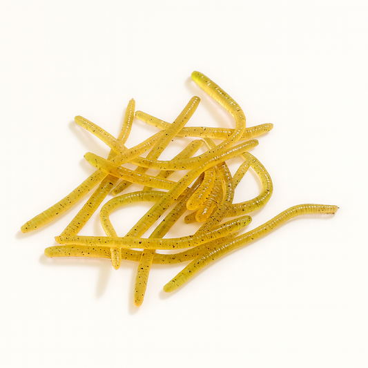 Yellow rubber worms on a white background
